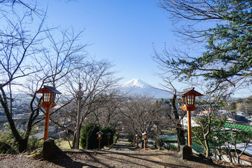 walkway at Chureito Pagoda for Fuji mountain sightseeing taken in the morning in Japan on 6 December 2016