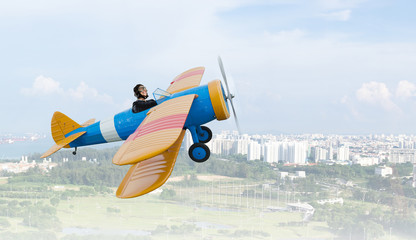 Woman in drawn airplane . Mixed media