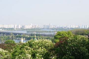 Fototapeta premium City above the big river, bridge over the river, spring, green trees