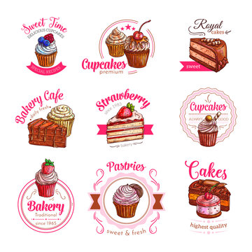 Vector icons of pastry dessert cakes and cupcakes