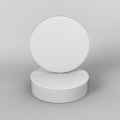 White round circular coasters on isolated grey background, 3D Illustration