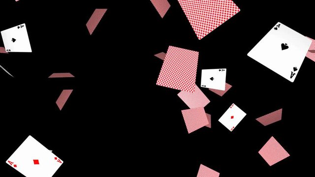 Flying poker cards on black background - loop, 4 aces
