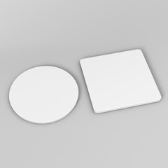 White Square and round circular coasters on isolated grey background, 3D Illustration