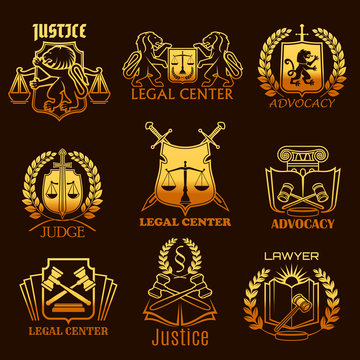 Advocacy lawyer vector gold icons of legal justice
