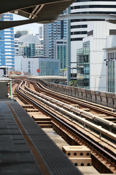Railroad of sky metro in skyscraper downtown business.