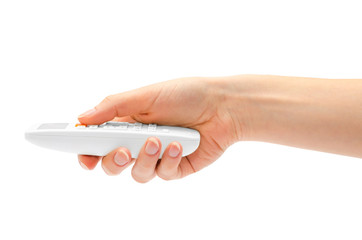 woman hand holding remote control.