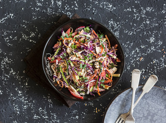 Red cabbage coleslaw with poached chicken. Healthy food concept. Salad with red cabbage, carrot, pepper, radish and boiled chicken, on a dark background, top view