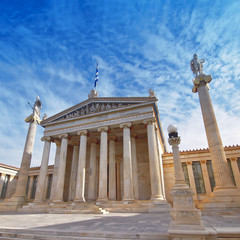 Fototapeta na wymiar Athens Greece, the national academy neoclassical building with Athena and Apollo statues