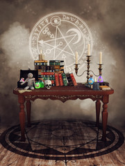 Stół z książkami, miksturami, świecami, czaszką, lalką voodoo i średniowiecznym symbolem alchemicznym © Obsidian Fantasy