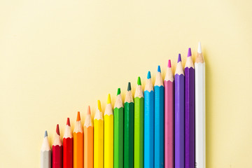 Business concept - Top view of color pencil circle on yellow paper background. Growth, teamwork and united concept.