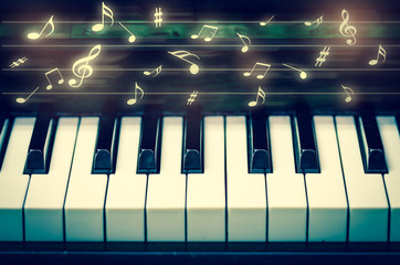 Closeup keyboard of piano with music notes, musical instrument