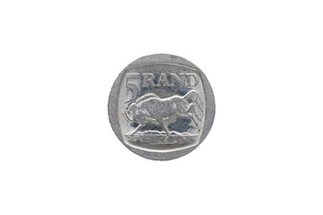 Five south african rand coin isolated on white background, year 1995.