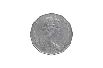 Half australian dollar coin isolated on white background, year 1983.
