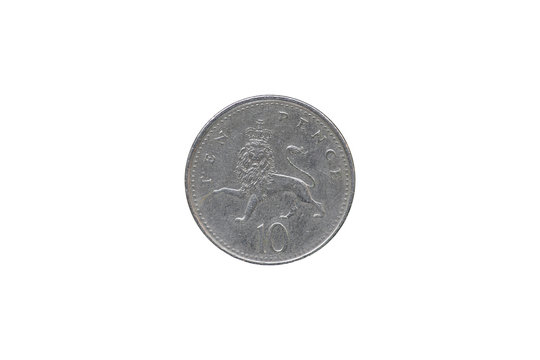 British Queen Elizabeth II 1992 Ten Pence Coin isolated on white background.