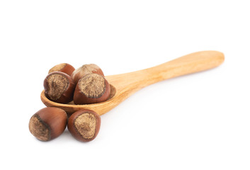 Hazelnut in a wooden spoon isolated