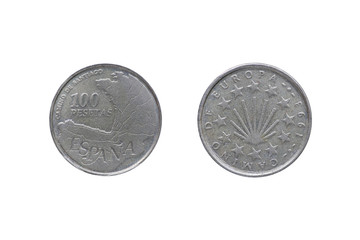Coins of Spain. Map of the pilgrimage routes Camino de Santiago in Europe depicted in the Spanish 100 peseta coin (1993).