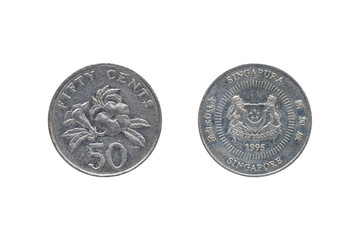 Singaporean 50 cent coin year 1995 isolated on 
 white background.