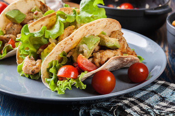 Authentic mexican tacos with chicken and salsa with avocado, tomatoes and chillies