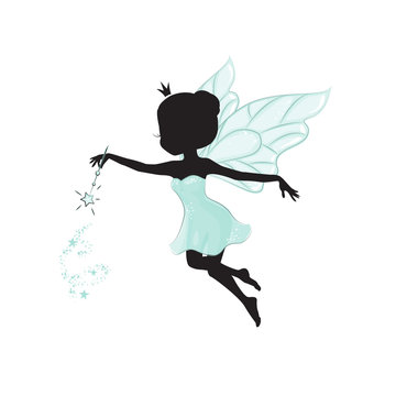 Silhouette of beautiful fairy. She has a magic wand in her hand. She is in a blue gentle, air dress. 