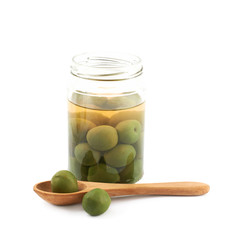 Jar of green olives isolated