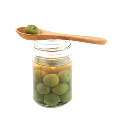Jar of green olives isolated