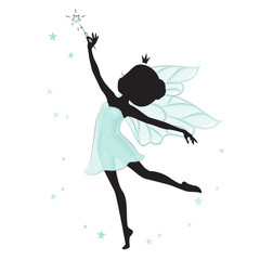 Silhouette of beautiful fairy. She is in a blue gentle, air dress and she has a magic wand in her hand. 