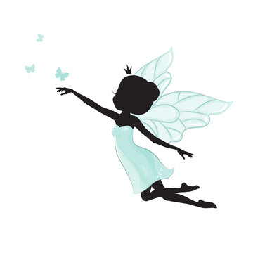 Silhouette of beautiful fairy. She is flying with butterfly. She is in a blue gentle, air dress. 
