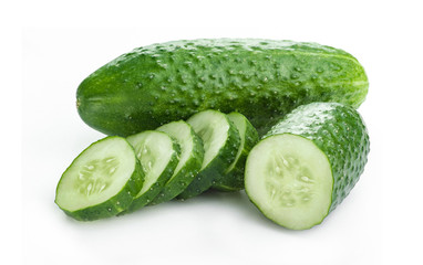 Fresh cucumber, chopped cucumber with pieces, isolated on white.