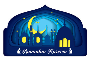 Paper art carving of Ramadan Kareem with mosque for the celebration of Muslim community festival. Vector illustration.