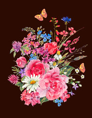 Watercolor bouquets of wildflowers and roses - 149977119