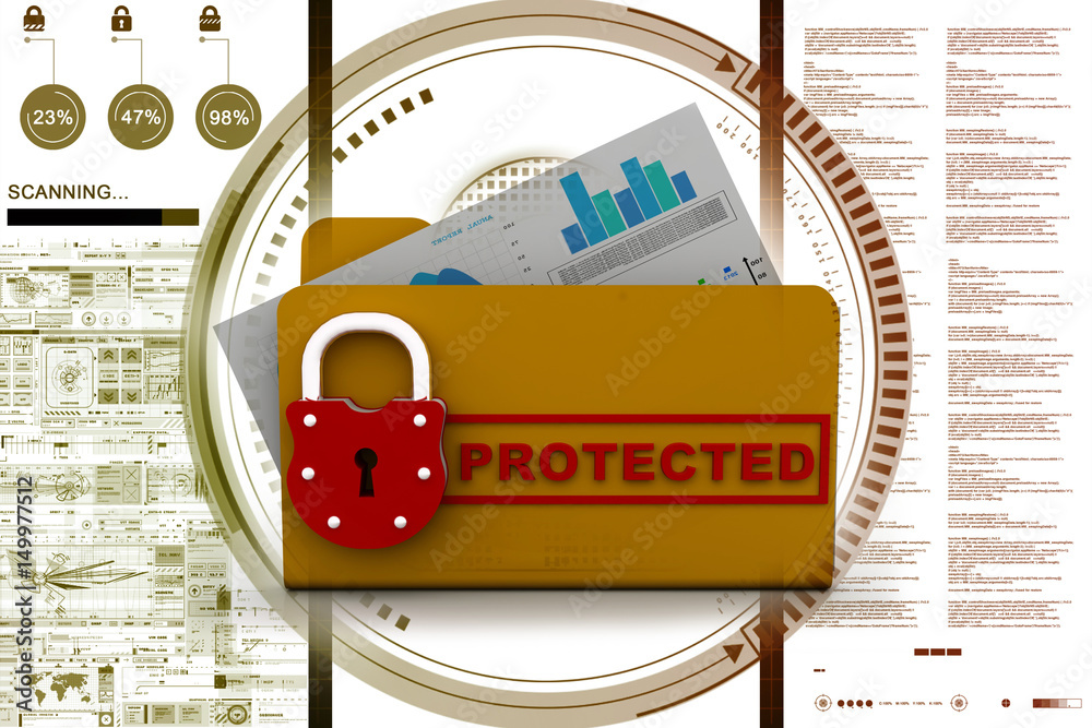 Poster yellow folder and lock. data security concept. 3d rendering