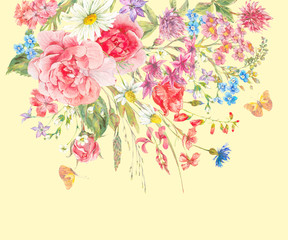 Plakat Watercolor bouquets of wildflowers and roses