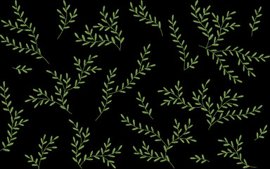 Branches leaves twigs grass herbs seamless pattern. Embroidery vector decoration textile print illustration on black background