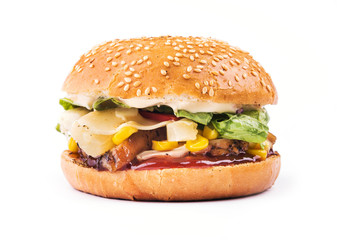 tasty hamburger with cutlet, tomato and cheese