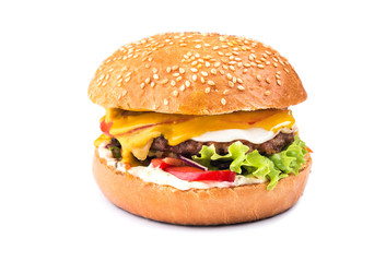 tasty hamburger with cutlet, tomato and cheese