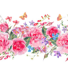 Watercolor seamless border with garden roses