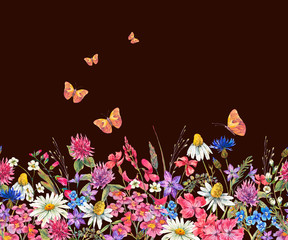 Fototapeta na wymiar Watercolor seamless border with wildflowers
