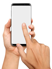 Hand holding and touch Black Smartphone with blank screen on white background