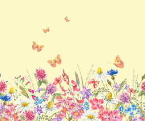 Fototapeta premium Watercolor seamless border with wildflowers