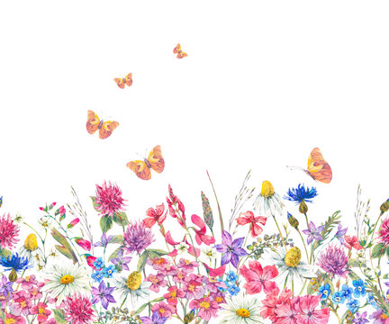 Watercolor seamless border with wildflowers
