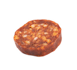 Single slice of a chili sausage isolated