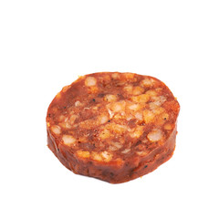 Single slice of a chili sausage isolated