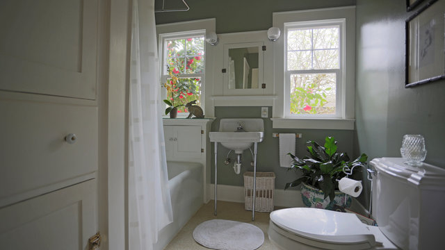 Bright, Sunlit, Staged White And Green Vintage Retro Bathroom, Horizontal View, Daytime (HDR Image)