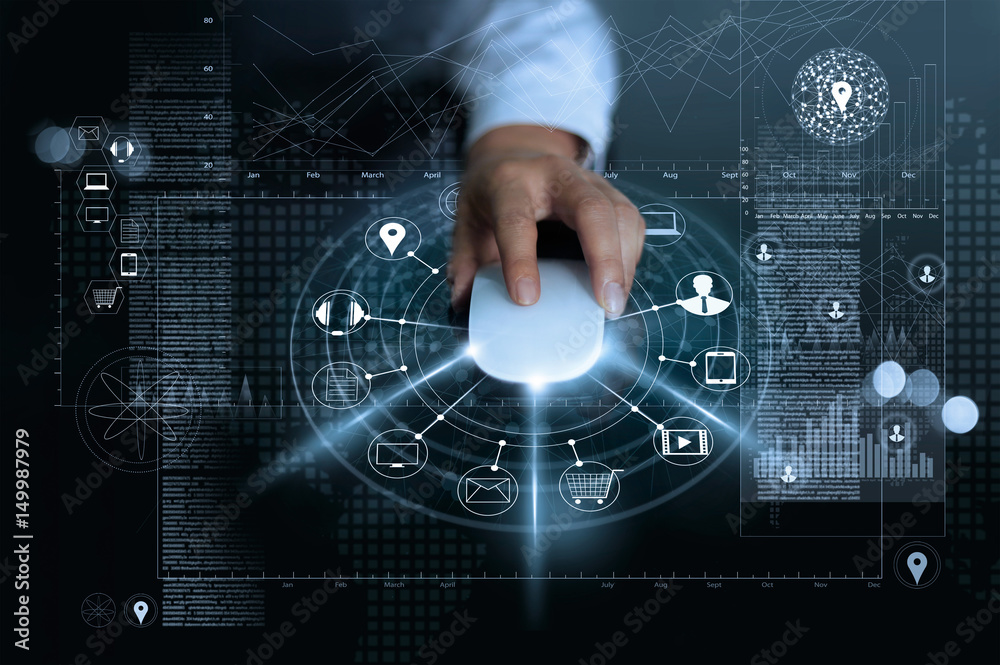 Poster businessman using mouse payments online shopping and icon customer network connection on global info
