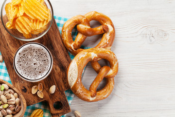 Lager beer and snacks