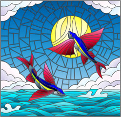 Illustration in stained glass style with a pair of flying fish on the background of water ,cloud, sky and sun