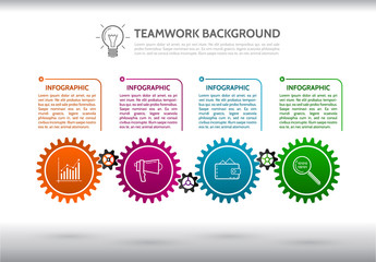 Abstract gears infographic. Mechanism with integrated gears and icons for business presentations or information banner. Modern design of background esp 10
