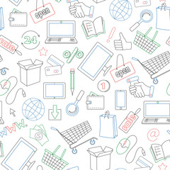 Fototapeta na wymiar Seamless pattern on the theme of online shopping and Internet shops, simple contour icons are drawn with colored markers on white background