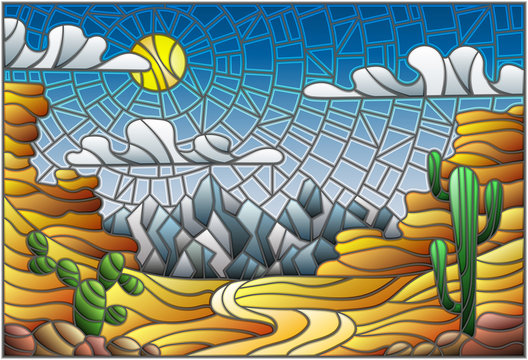 The illustration in stained glass style painting with desert landscape, cactus in a lbackground of dunes, sky and sun