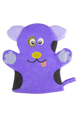 Blue bath hand glove shaped like a funny dog, isolated on white background, clipping path included